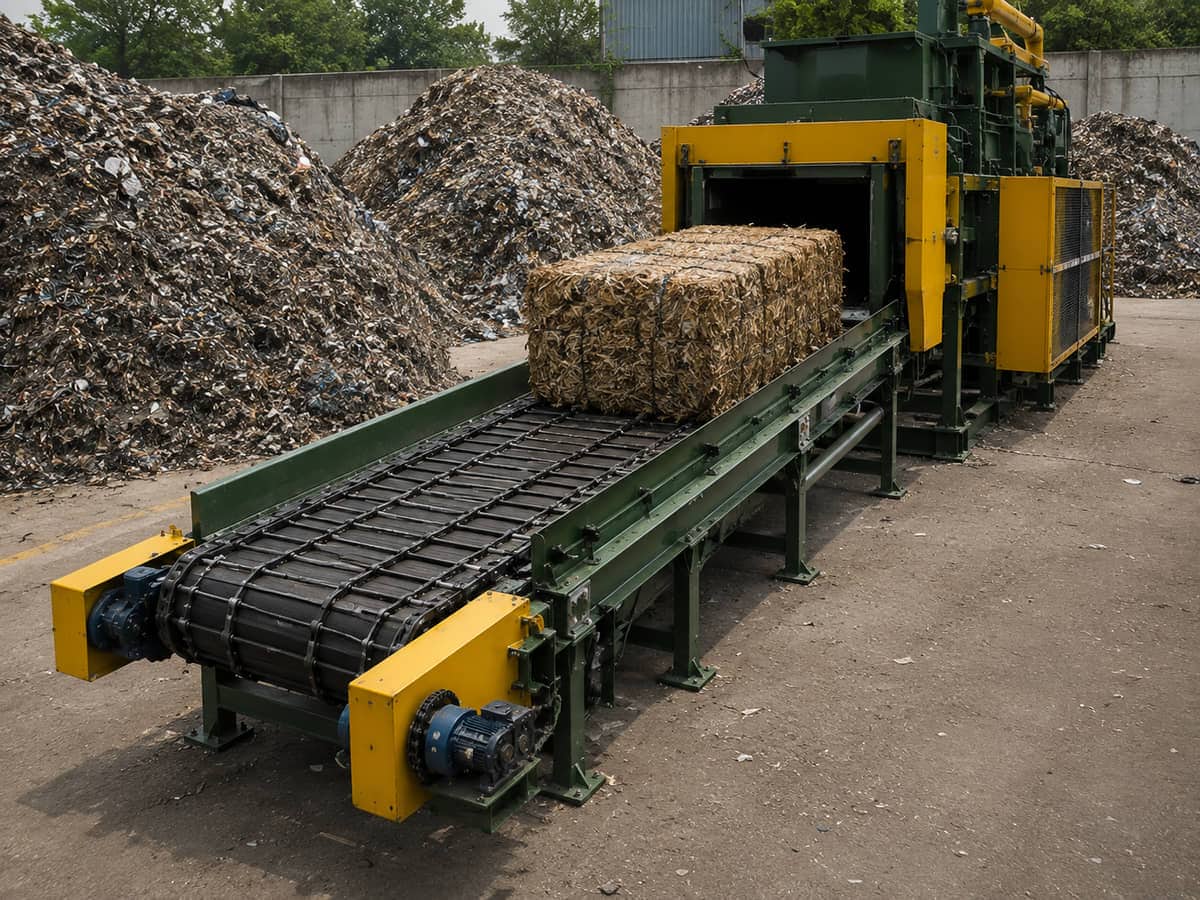 Bale discharge conveyor carrying compacted recycling bales