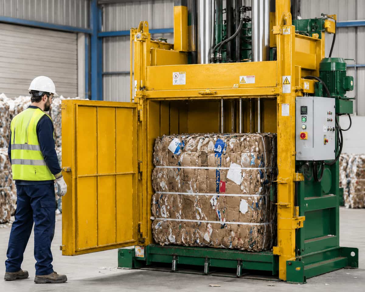 Yellow and green vertical baling press with a compacted cardboard bale