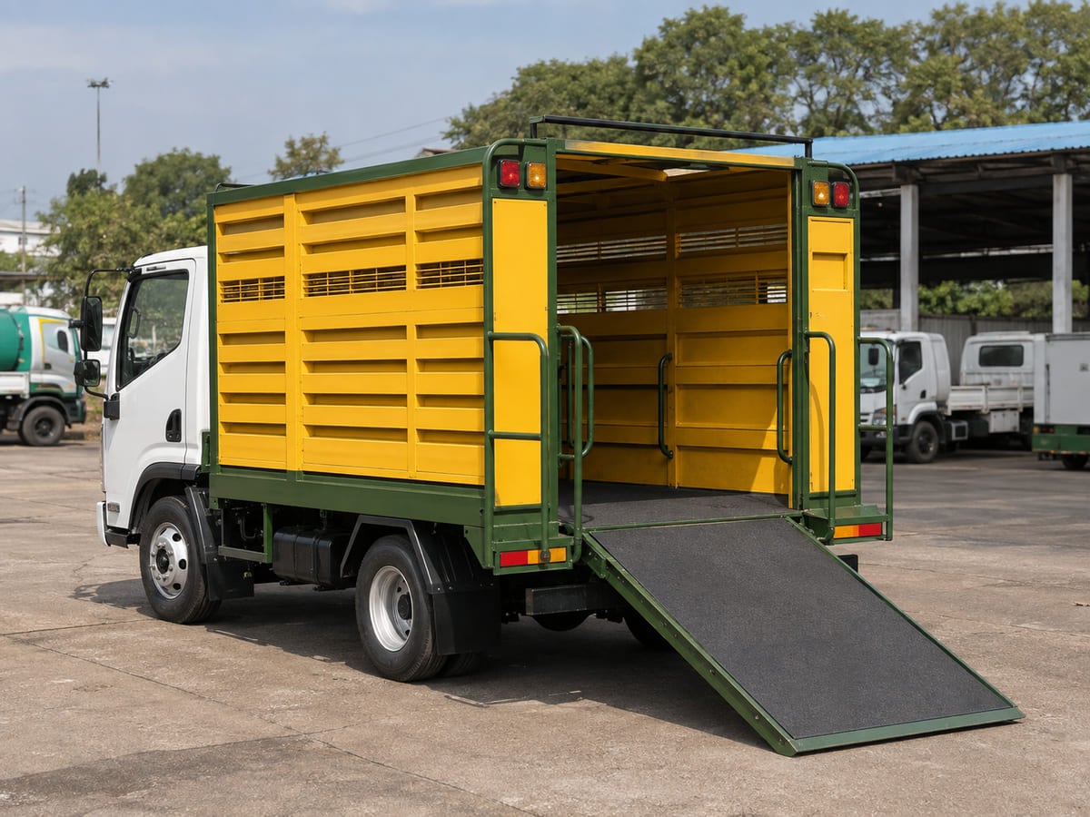 Cattle catcher vehicle with hydraulic loading ramp and safe enclosure