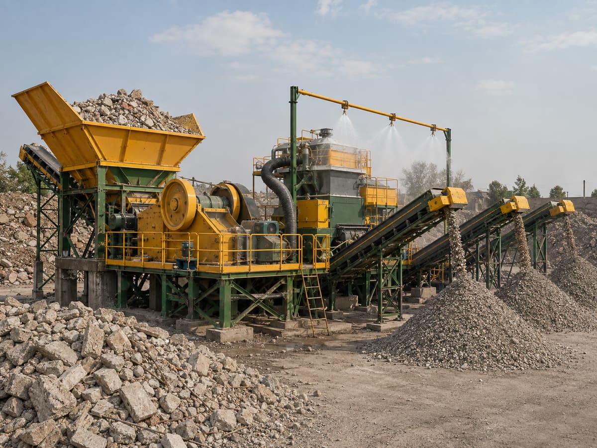 Construction and demolition waste recycling plant with crusher and screens