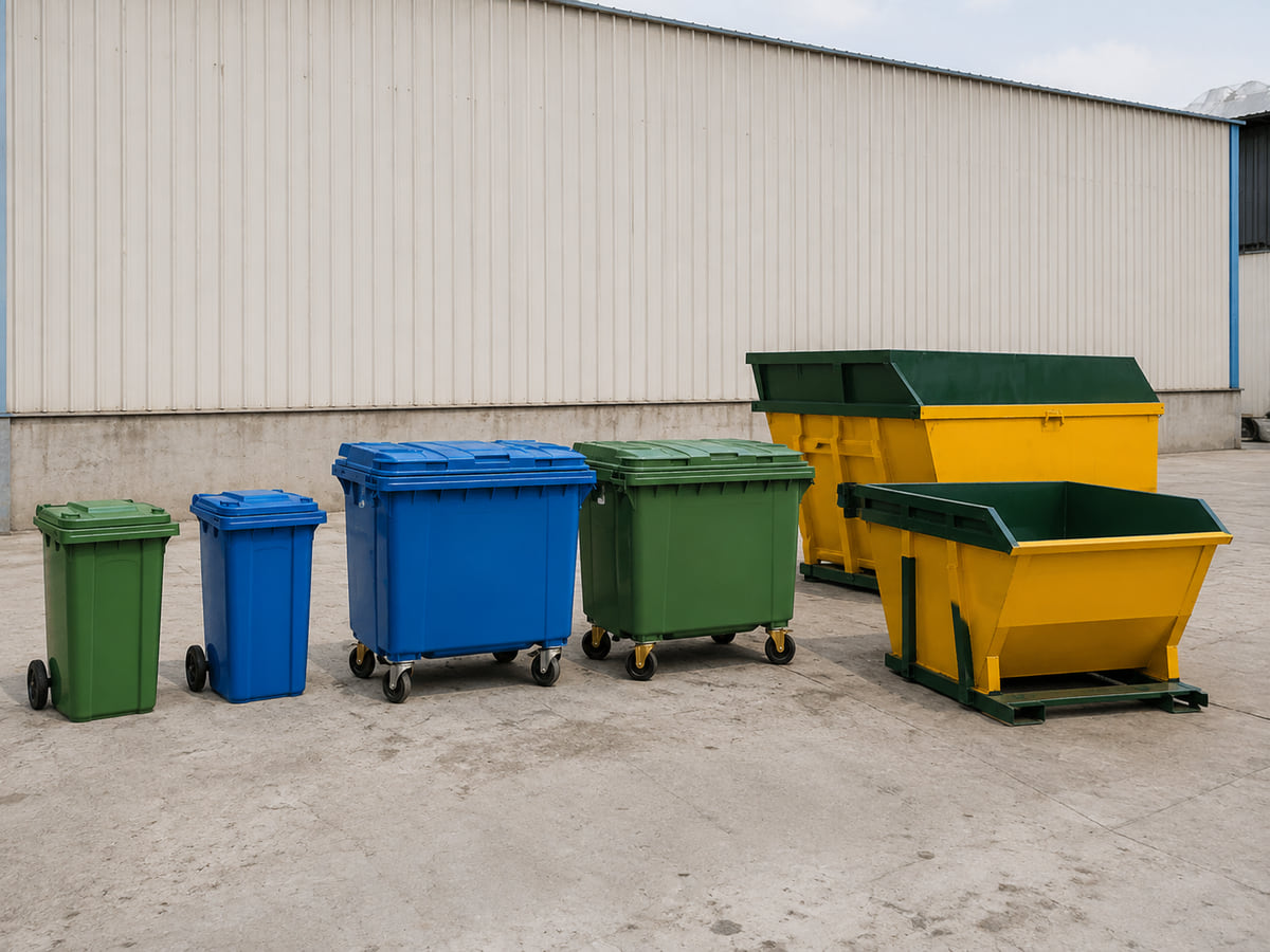 Municipal garbage containers and steel skip bins in a service yard
