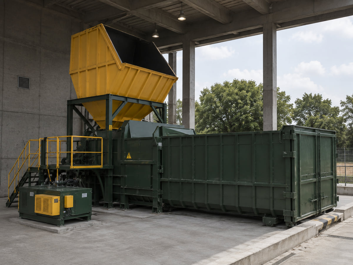 Fixed municipal waste compactor transfer station in a concrete bay