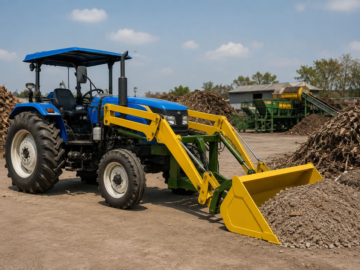 Tractor mounted front end loader lifting aggregate