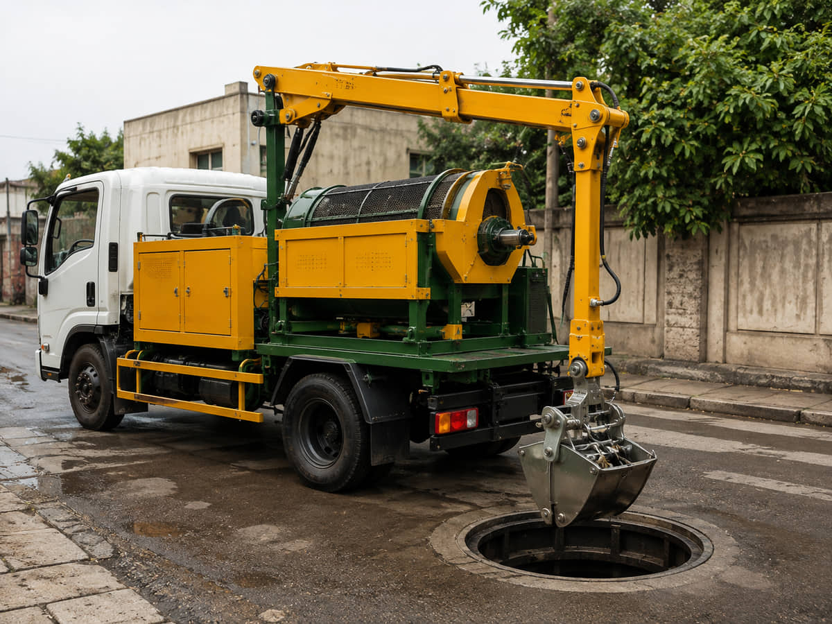 Hydraulic grab bucket desilting machine operating above a manhole