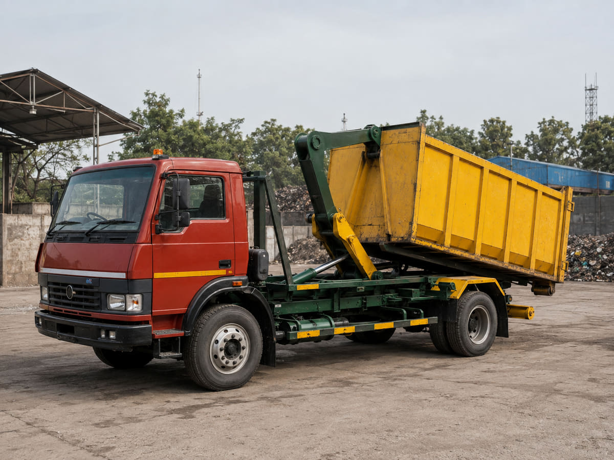 Roll-on roll-off hook loader truck with detachable container