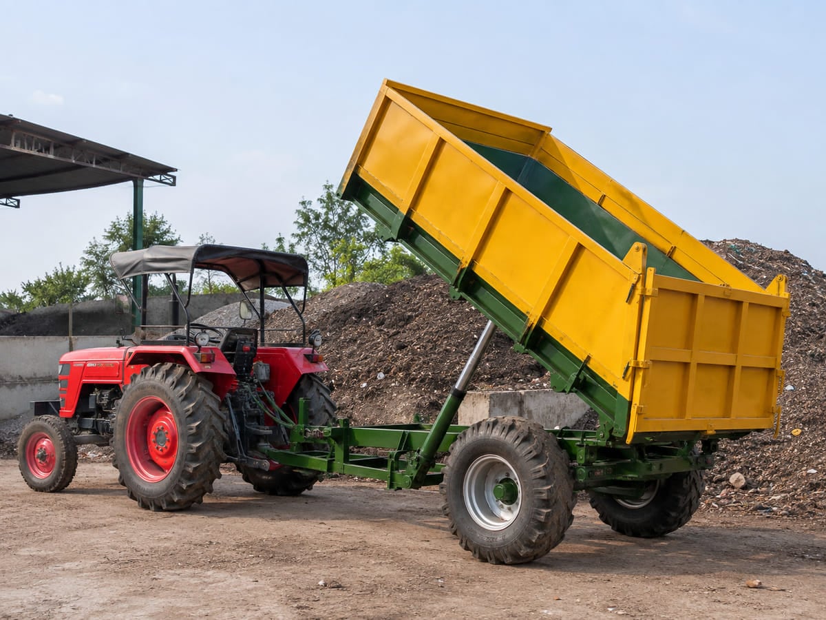 Hydraulic tractor tipping trailer attachment unloading material