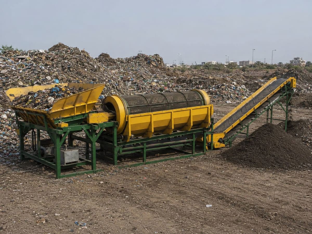 Legacy waste biomining plant with trommel screens and conveyors