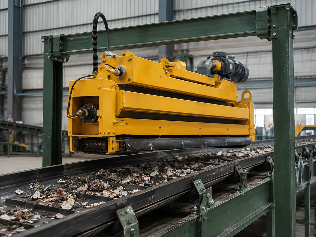 Overband magnetic separator installed above a recycling conveyor