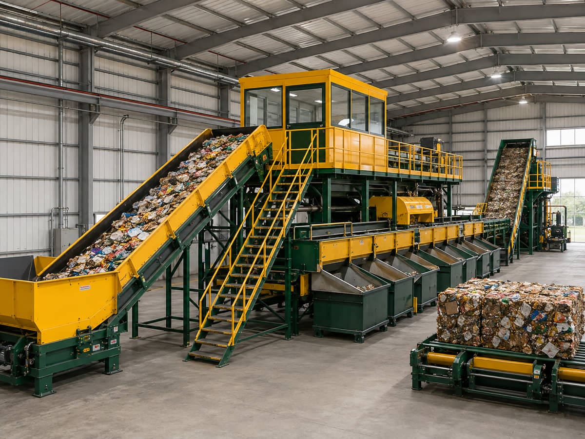 Material recovery facility with sorting conveyors and recovery bins