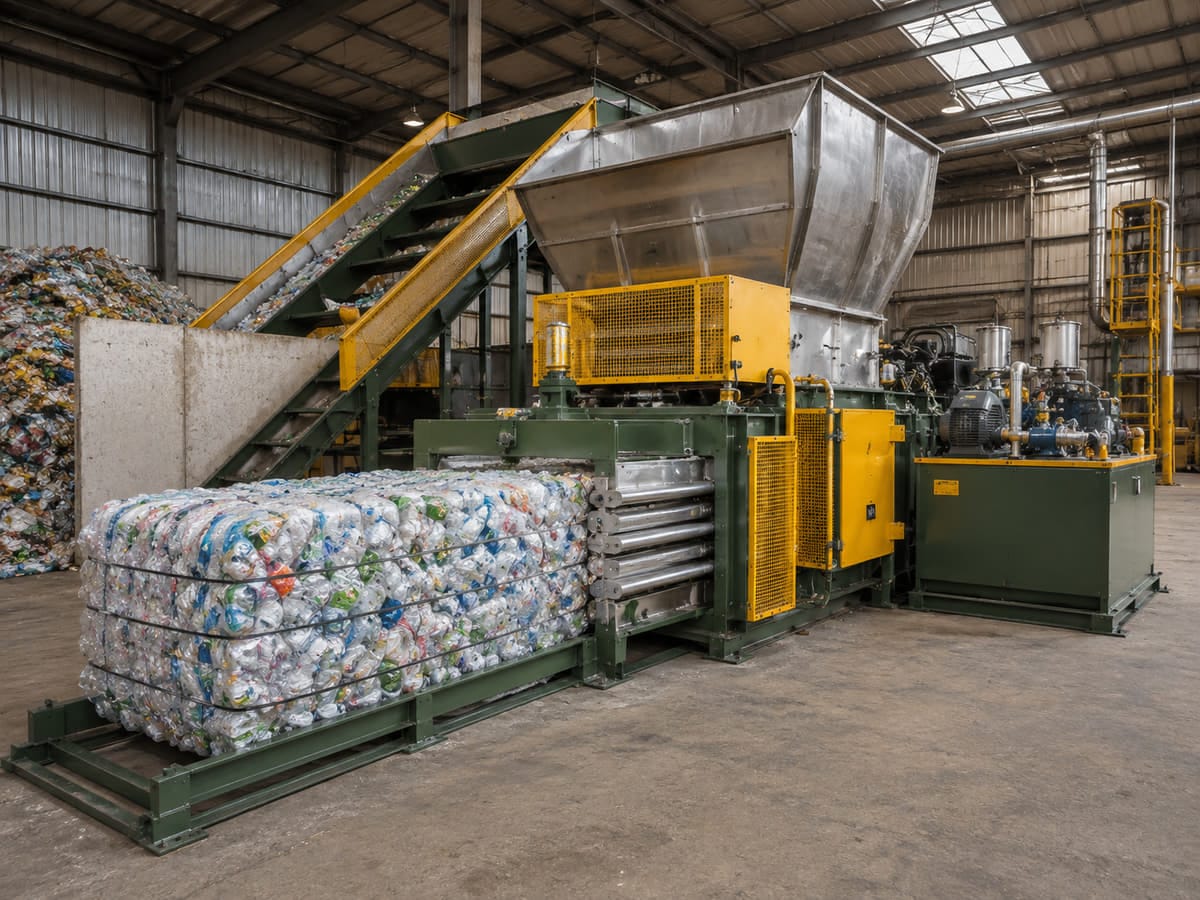Hydraulic baling press compacting recovered plastic packaging