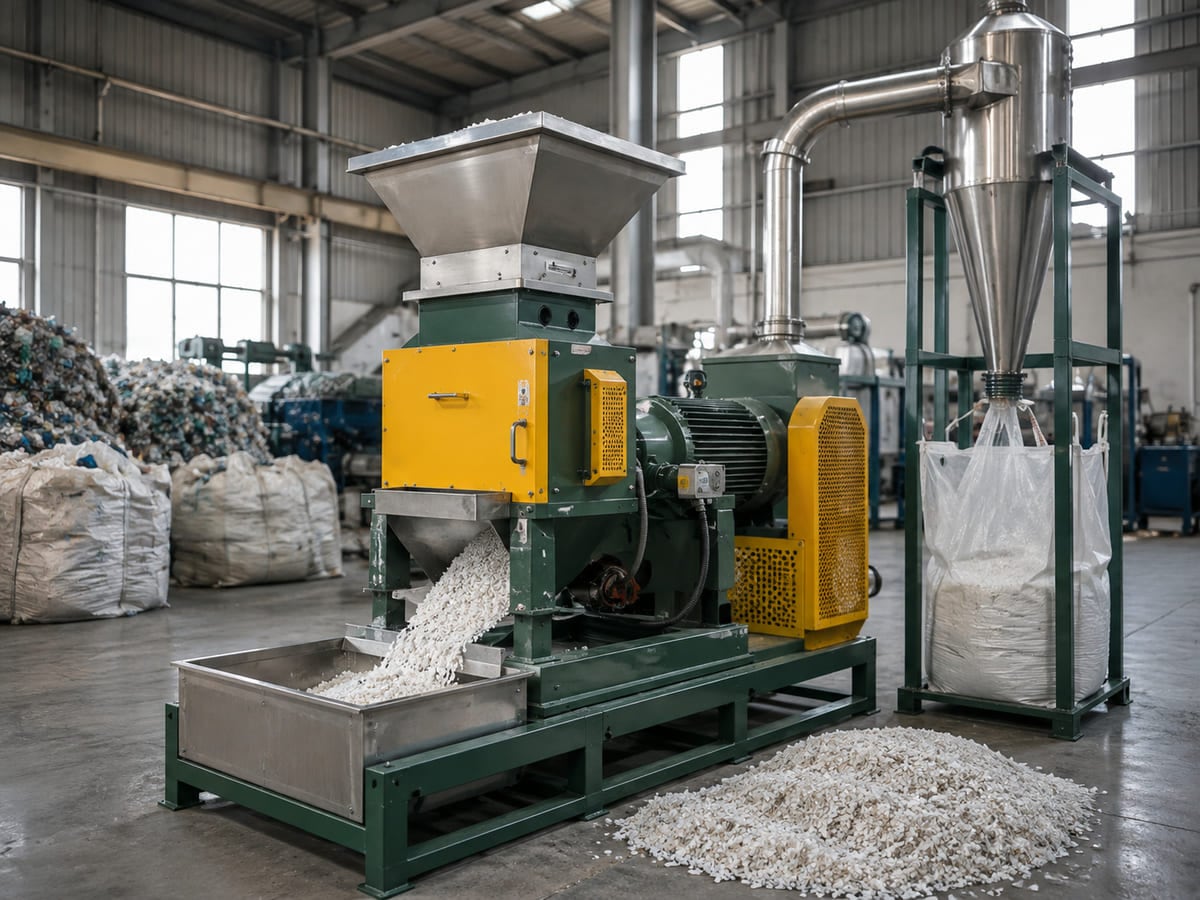 Plastic granulator producing clean regrind flakes
