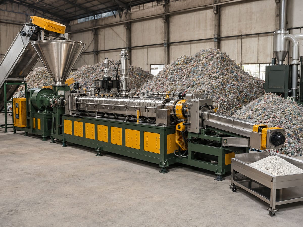 Plastic pelletizing extrusion line with pellet output