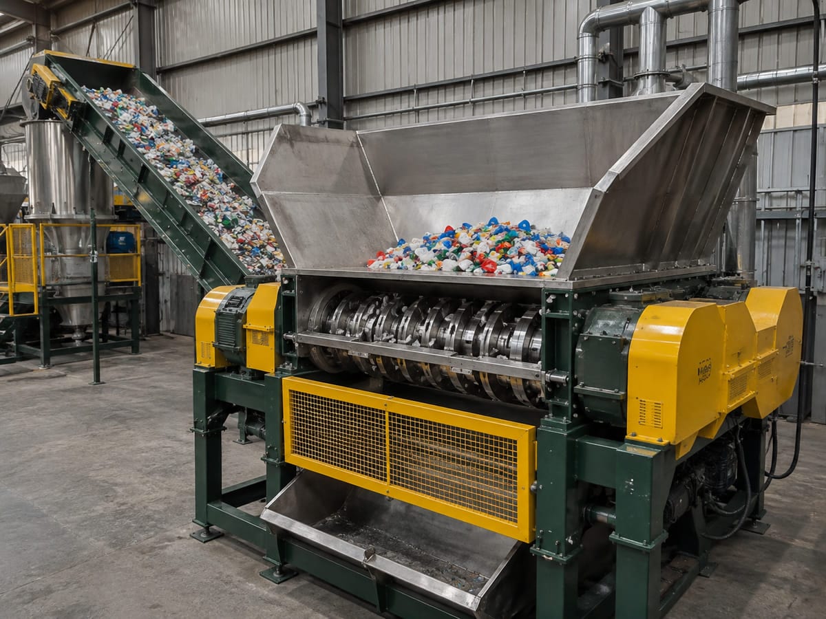Plastic shredder processing mixed plastic scrap