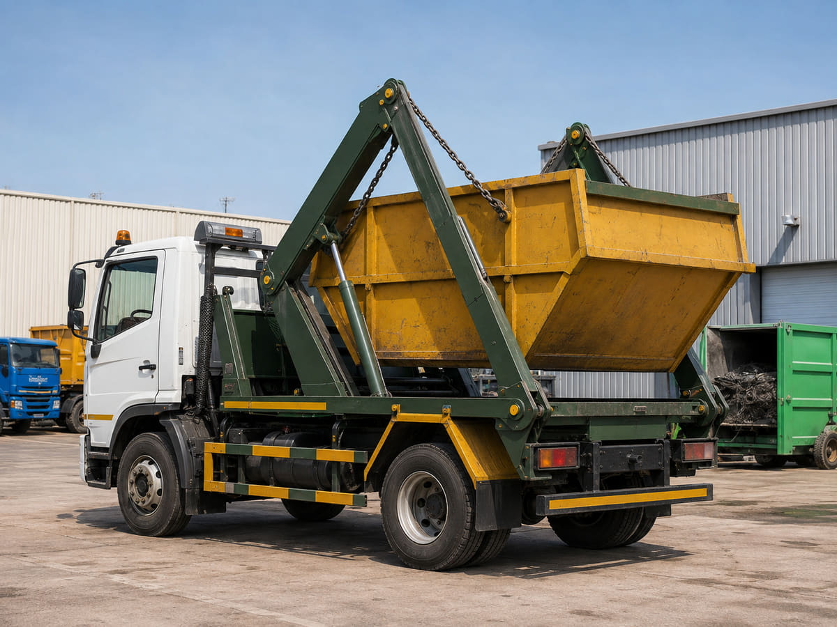 Hydraulic skip loader truck lifting a steel skip container