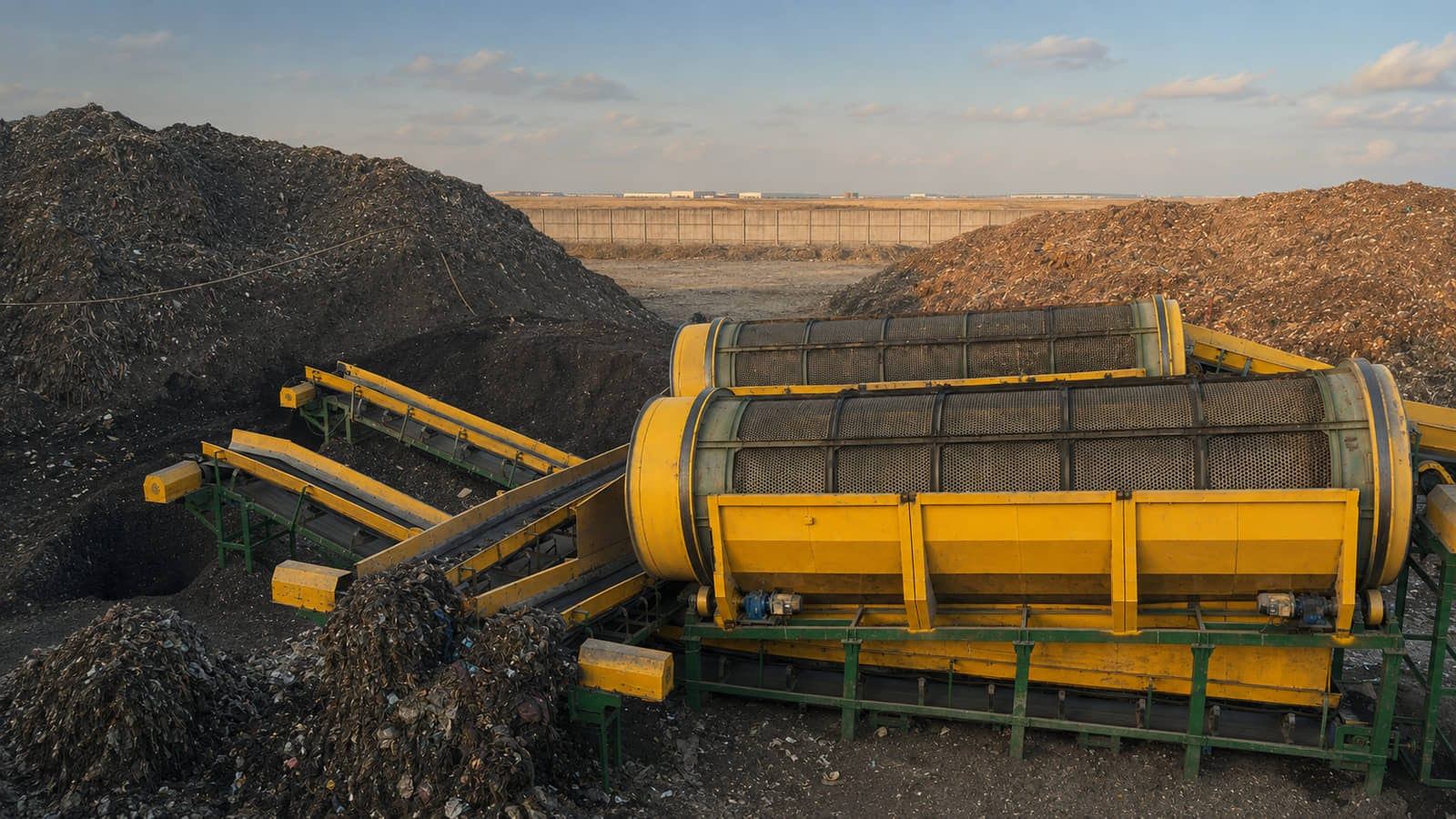 Kurl Recycling Systems fixed industrial trommel screening system at a recycling facility