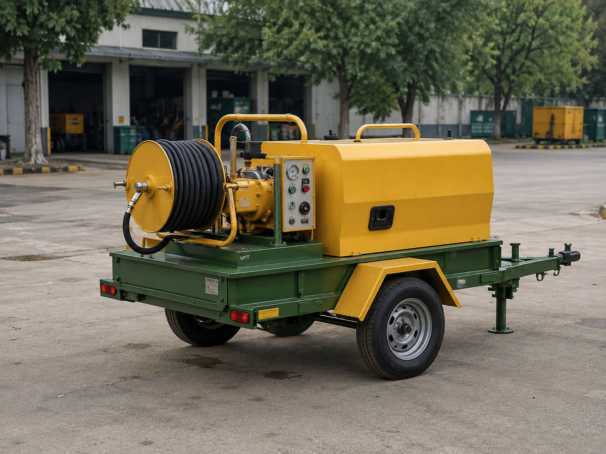 Trailer mounted desilting machine with hose reel and pump
