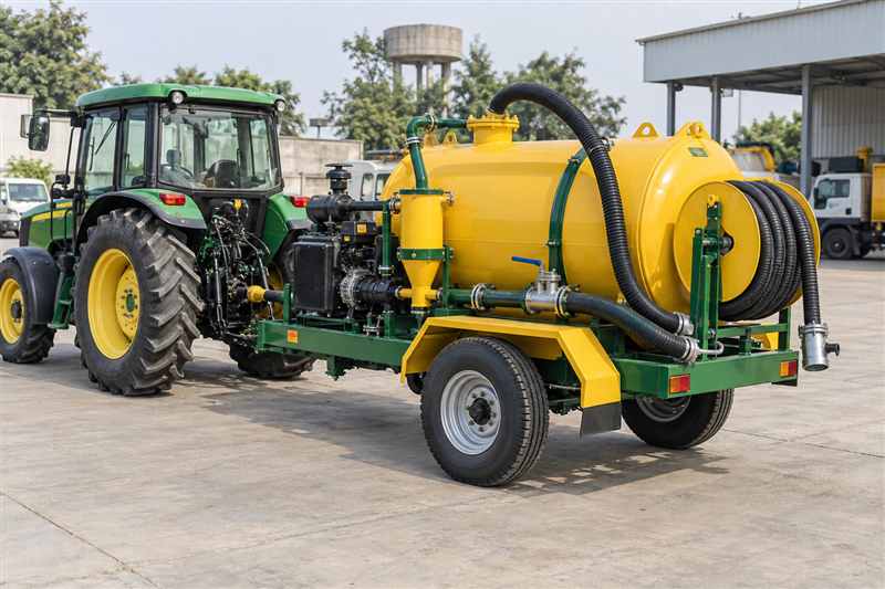 Representative trailer mounted suction machine in yellow and green with vacuum tank and hose reel