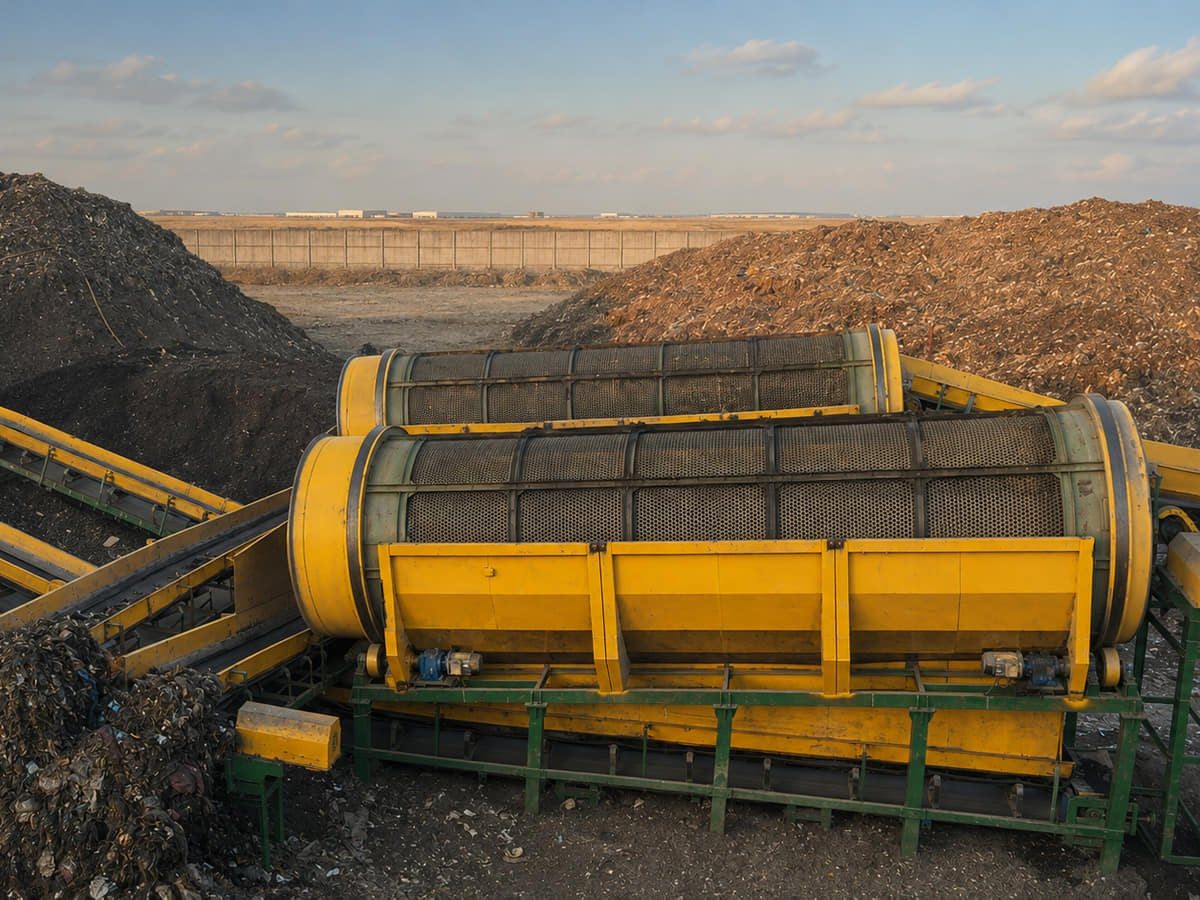 Kurl Recycling Systems fixed yellow industrial trommel screen on a stationary support frame