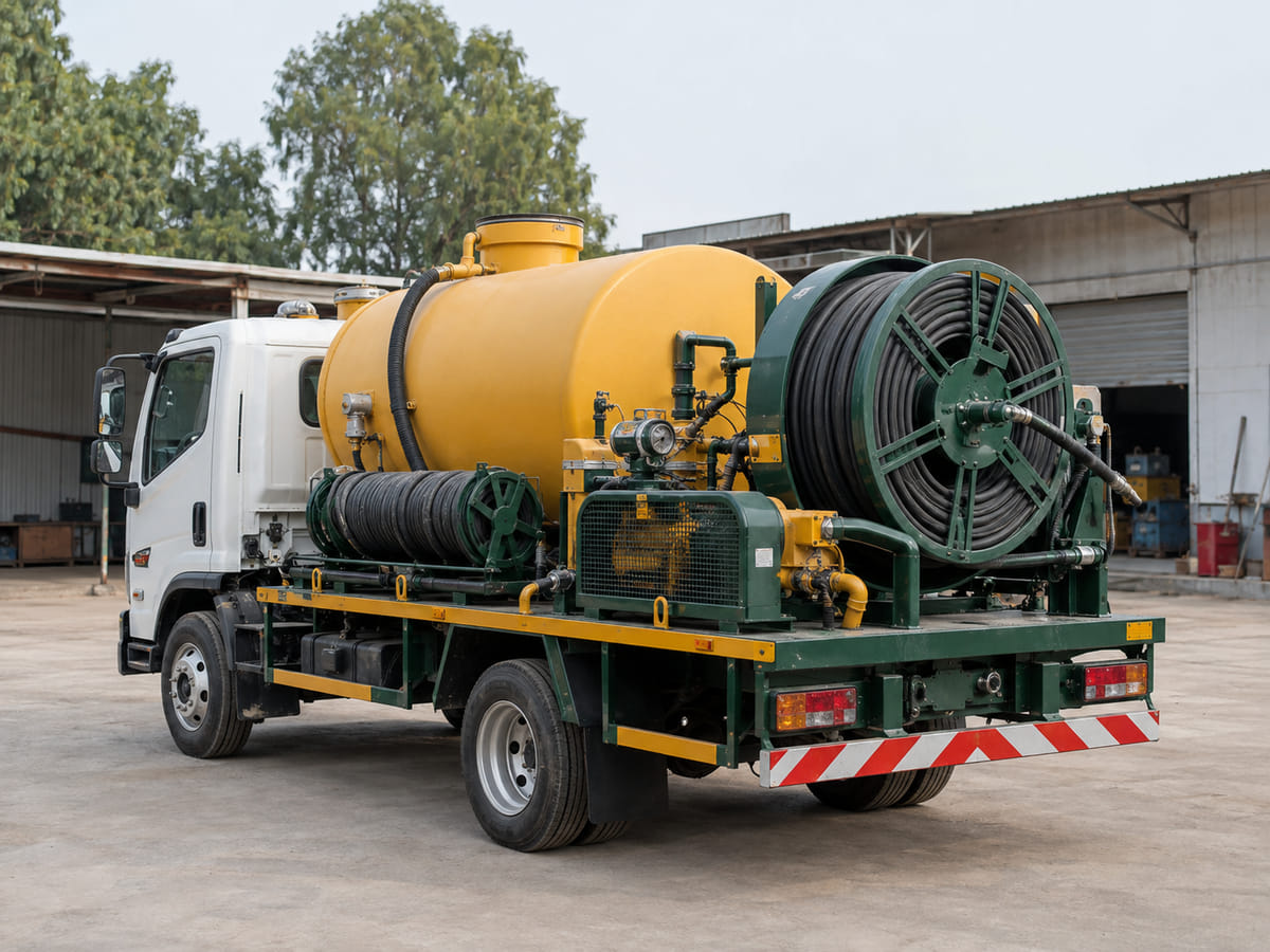 Truck mounted high pressure sewer jetting machine with hose reels