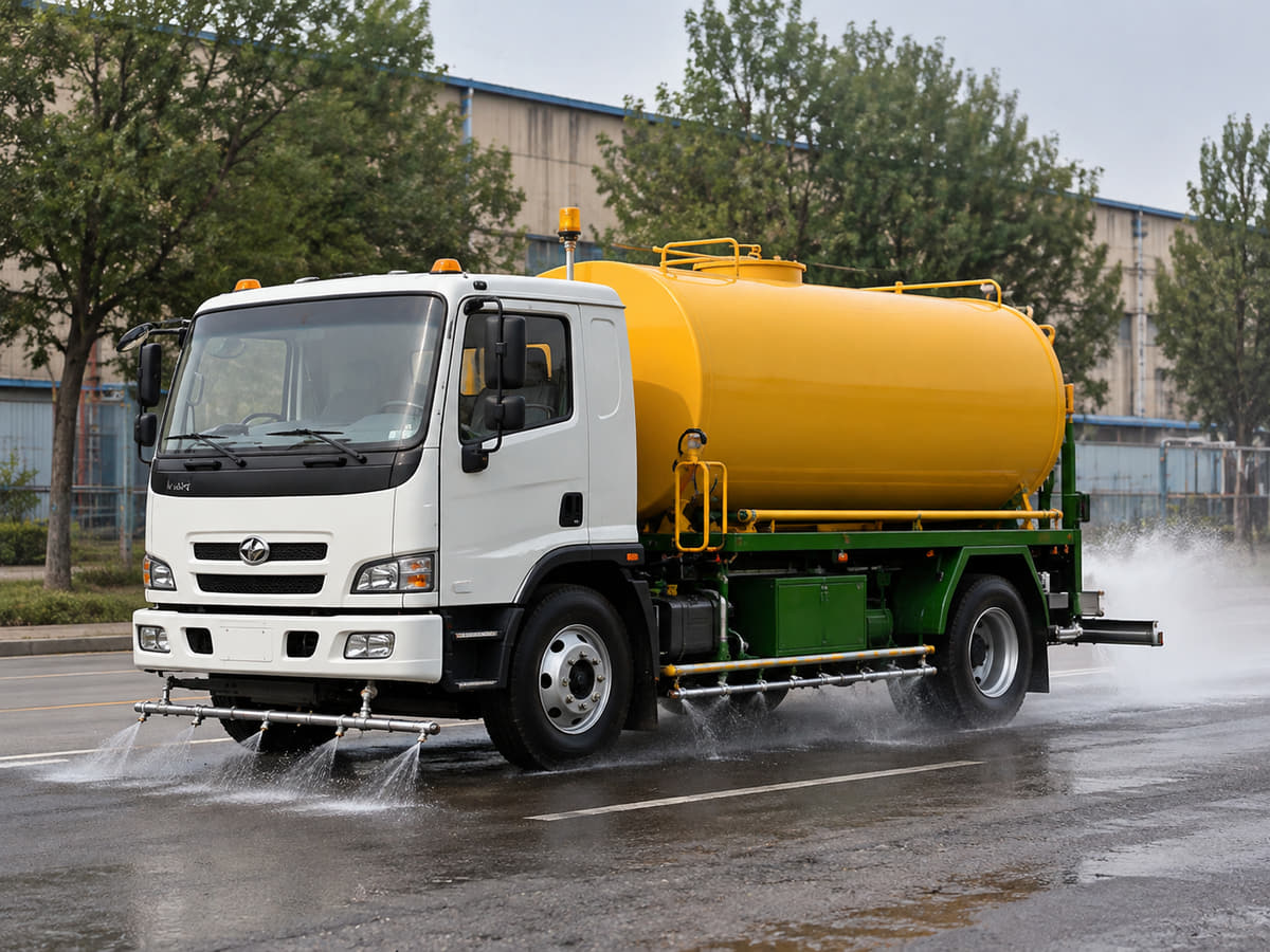 Municipal water sprinkler tanker truck spraying water for dust control