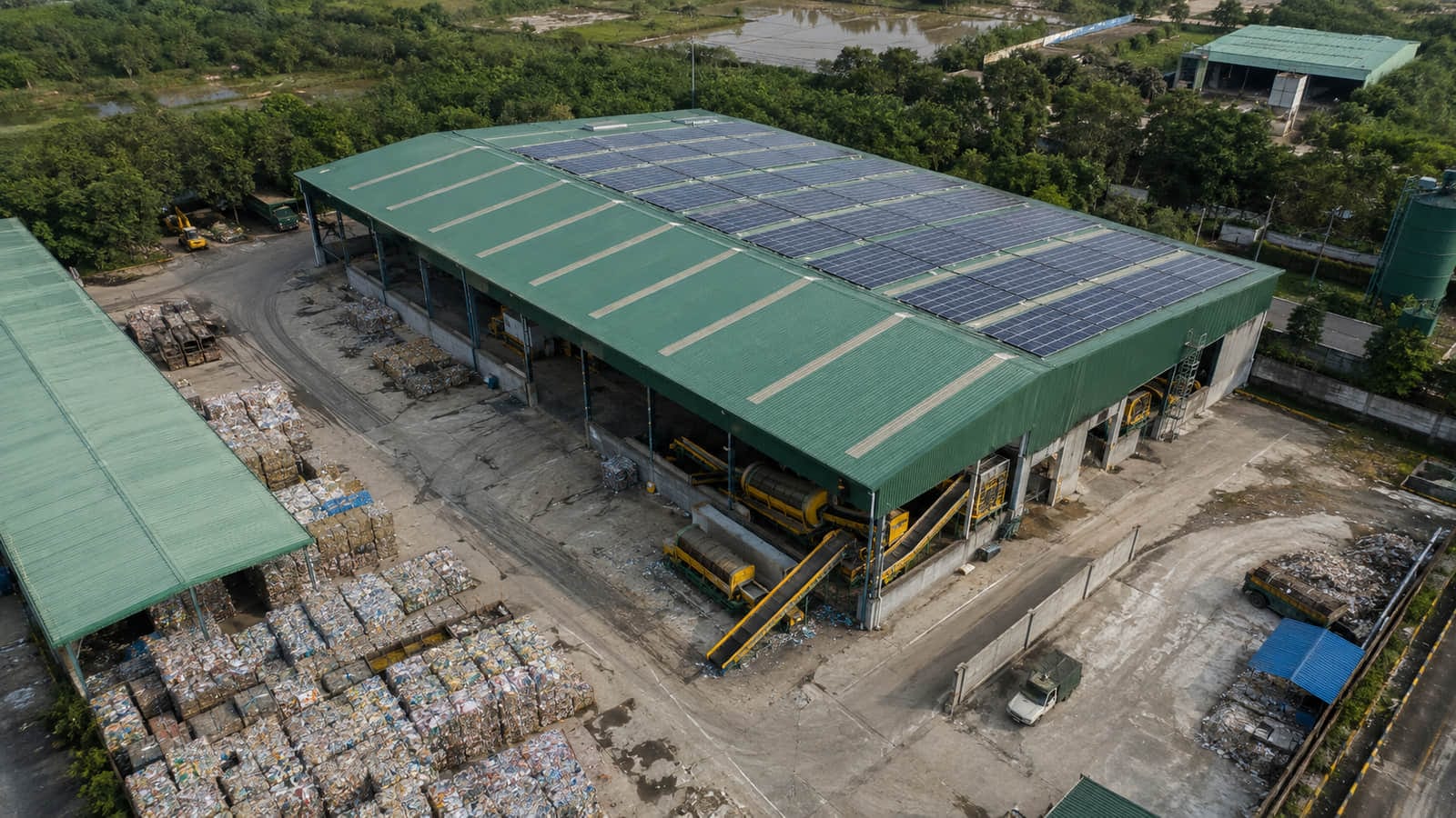 Aerial of recycling facility with solar panels
